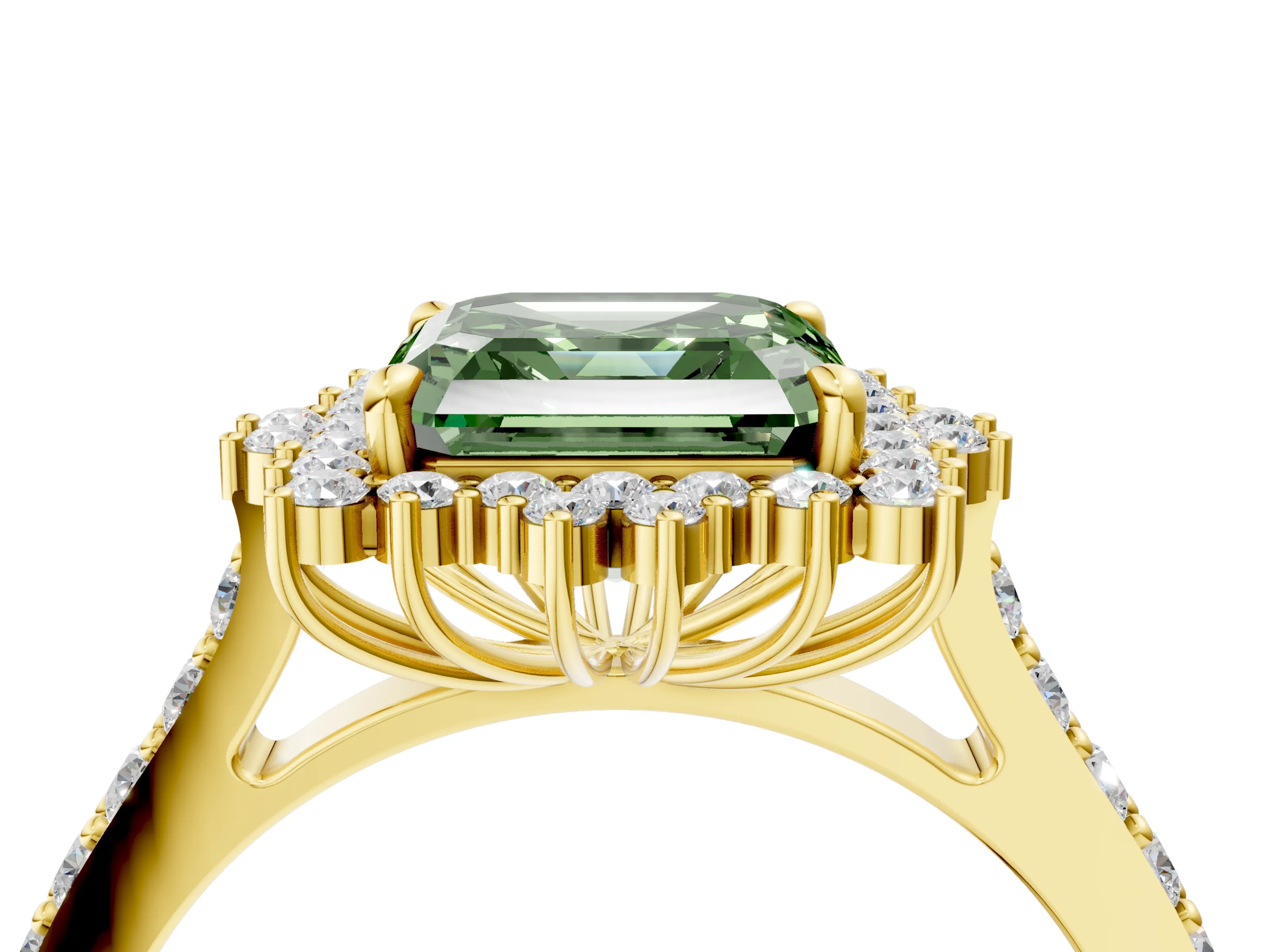 Yellow gold Fancy Green Asscher Cut Cut Diamond Sunburst Halo Engagement Ring with Pavé Band_4