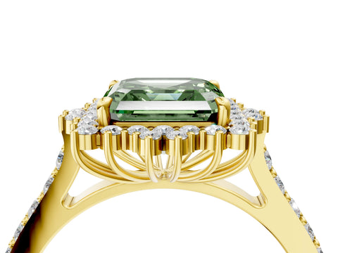 Yellow gold Fancy Green Asscher Cut Cut Diamond Sunburst Halo Engagement Ring with Pavé Band_4