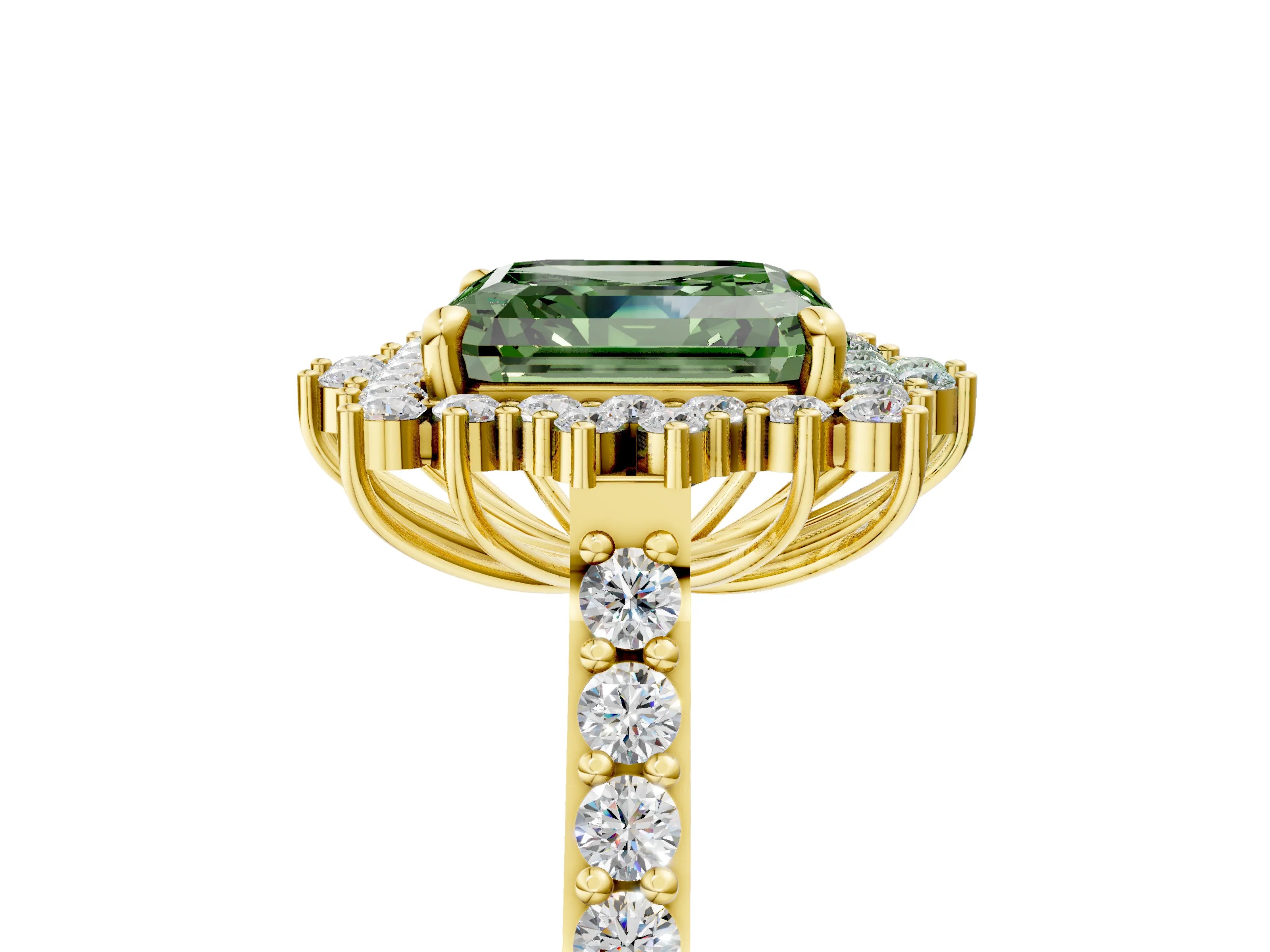 Yellow gold Fancy Green Asscher Cut Cut Diamond Sunburst Halo Engagement Ring with Pavé Band_5