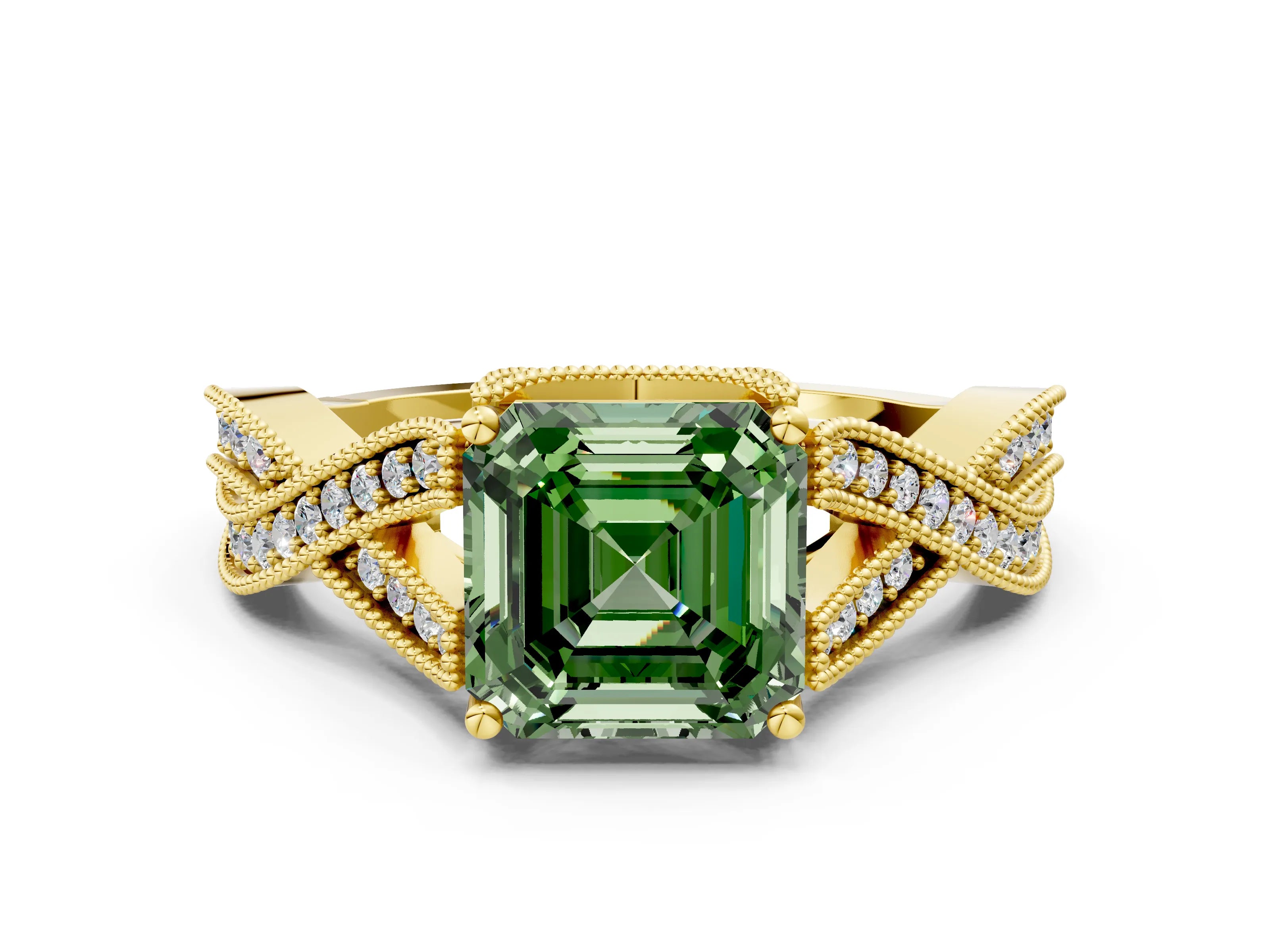 Yellow gold Fancy Green Asscher Cut Cut Diamond Twisted Band with Milgrain Pave Setting and Four-Prong Setting