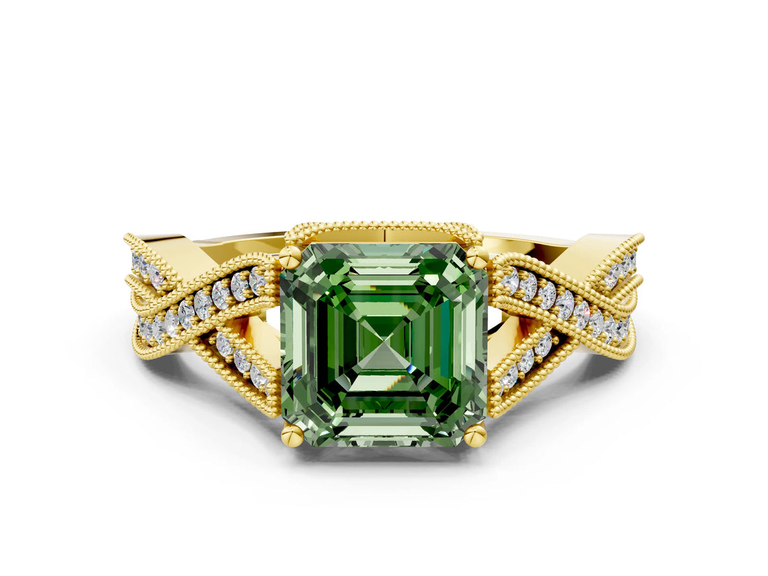 Yellow gold Fancy Green Asscher Cut Cut Diamond Twisted Band with Milgrain Pave Setting and Four-Prong Setting