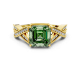 Yellow gold Fancy Green Asscher Cut Cut Diamond Twisted Band with Milgrain Pave Setting and Four-Prong Setting