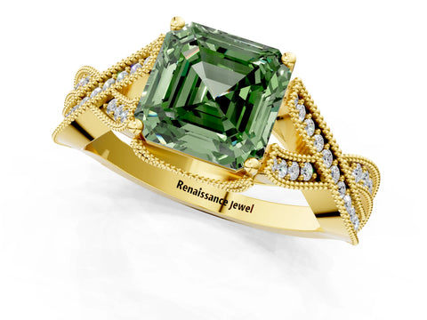 Yellow gold Fancy Green Asscher Cut Cut Diamond Twisted Band with Milgrain Pave Setting and Four-Prong Setting_1