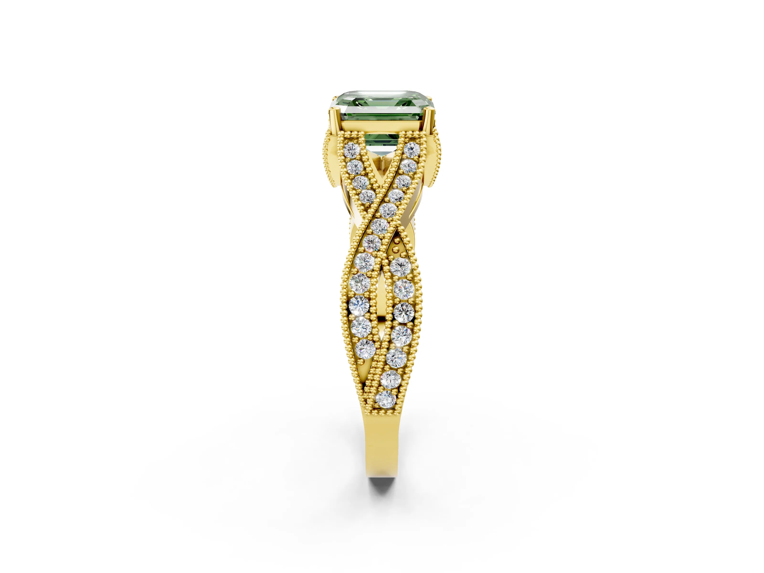Yellow gold Fancy Green Asscher Cut Cut Diamond Twisted Band with Milgrain Pave Setting and Four-Prong Setting_2