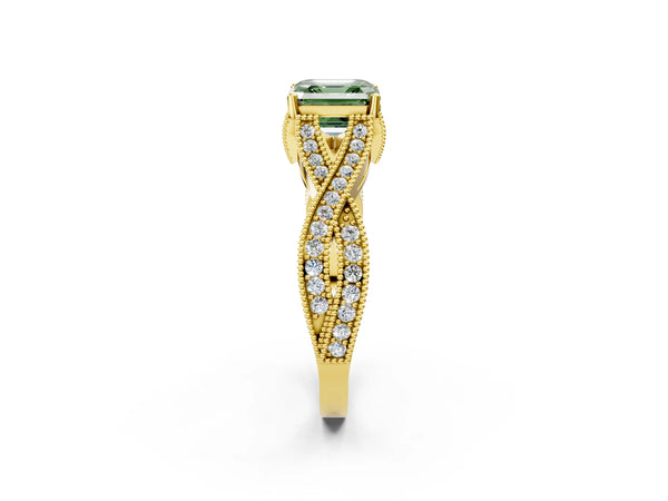 Yellow Gold Asscher Cut Graduated Pave Twist Engagement Ring Setting for Fancy Green Center