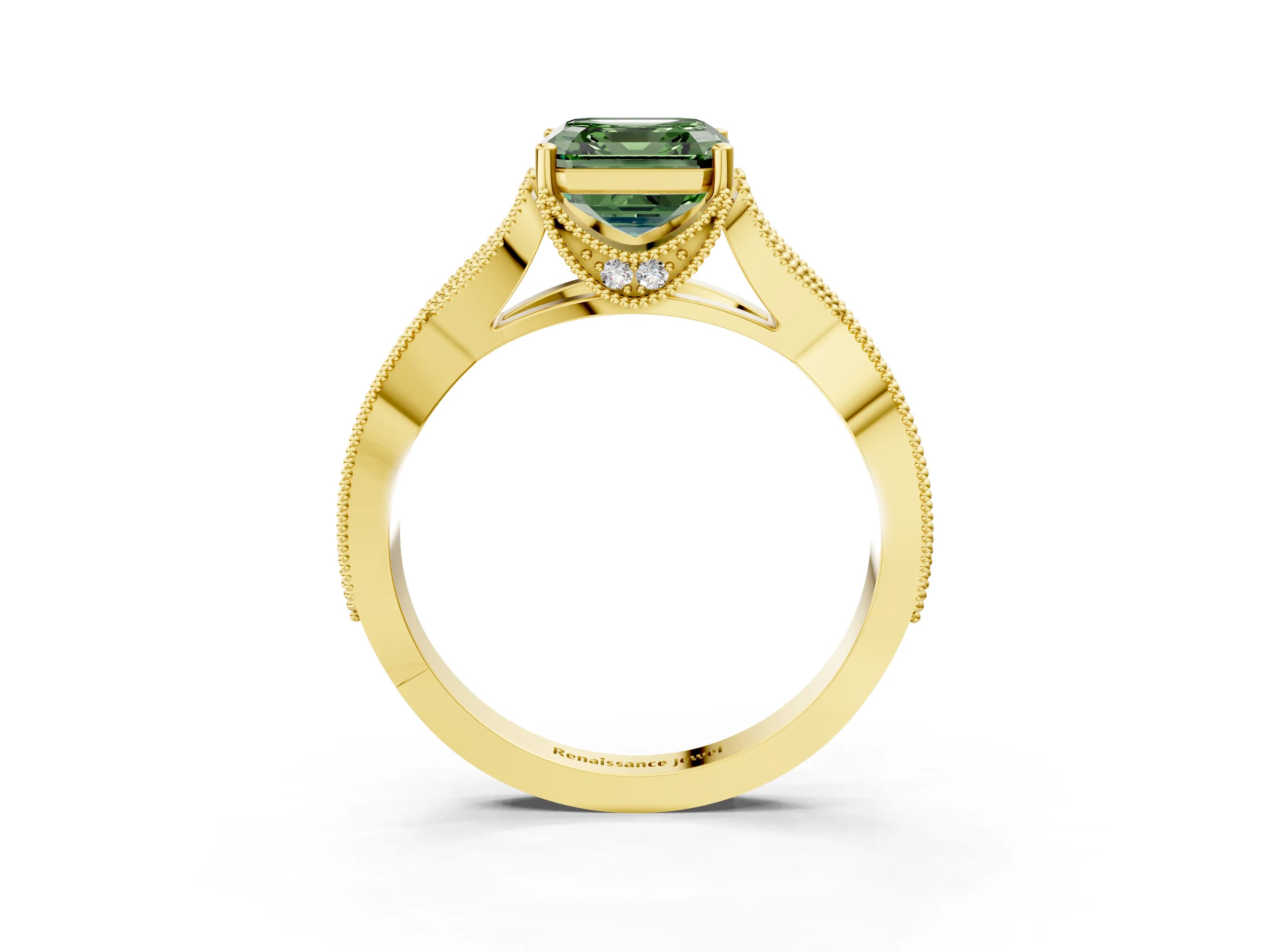 Yellow gold Fancy Green Asscher Cut Cut Diamond Twisted Band with Milgrain Pave Setting and Four-Prong Setting_3