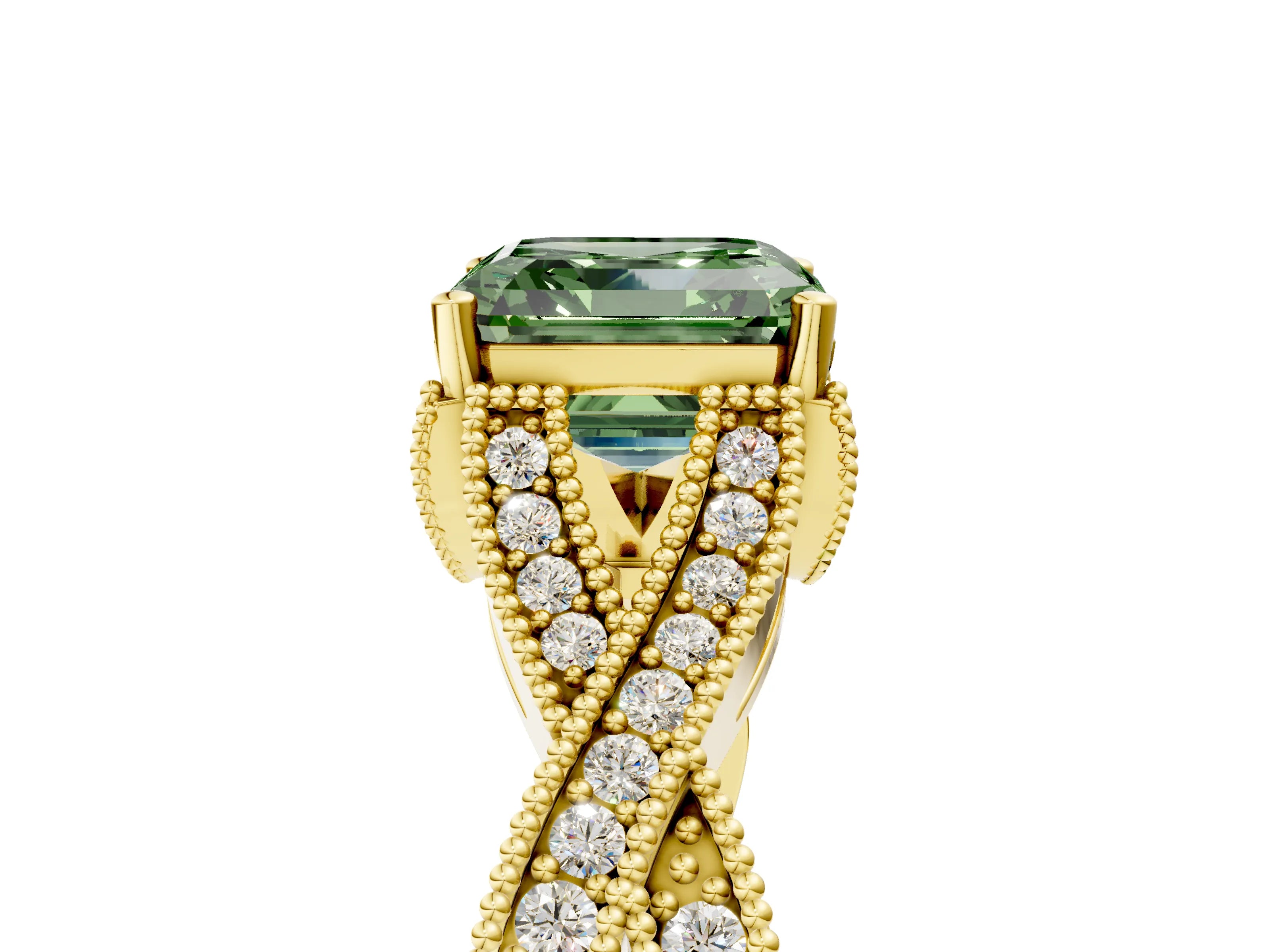 Yellow gold Fancy Green Asscher Cut Cut Diamond Twisted Band with Milgrain Pave Setting and Four-Prong Setting_5