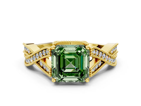 Yellow gold Fancy Green Asscher Cut Cut Diamond Twisted Band with Milgrain Pave Setting and Four-Prong Setting