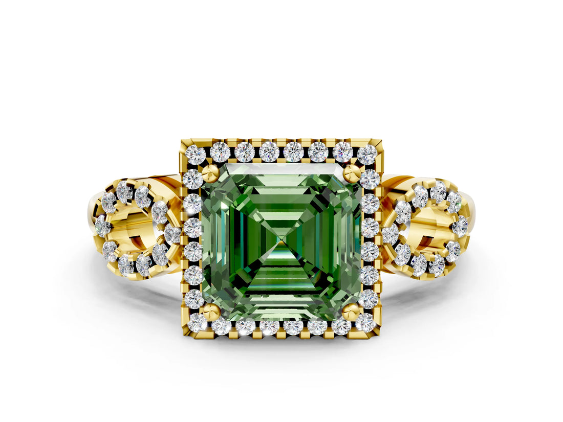 Yellow gold Fancy Green Asscher Cut Cut Halo Diamond Infinity Band with Four-Prong Setting