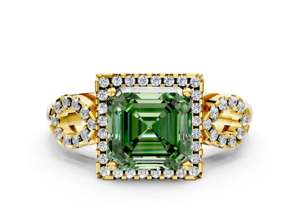 Yellow Gold Asscher Cut Pave Infinity Halo Engagement Ring Setting for Fancy Green Center
