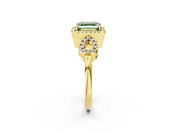 Yellow Gold Asscher Cut Pave Infinity Halo Engagement Ring Setting for Fancy Green Center