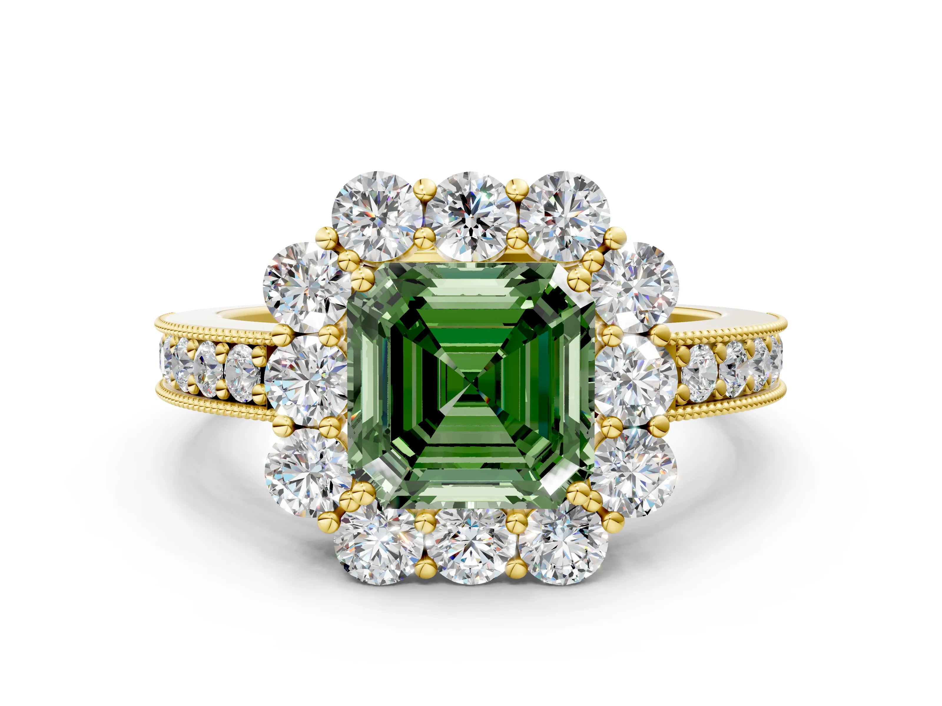 Yellow gold Fancy Green Asscher Cut Cut Halo Diamond Pavé Engagement Ring with Milgrain Detailing