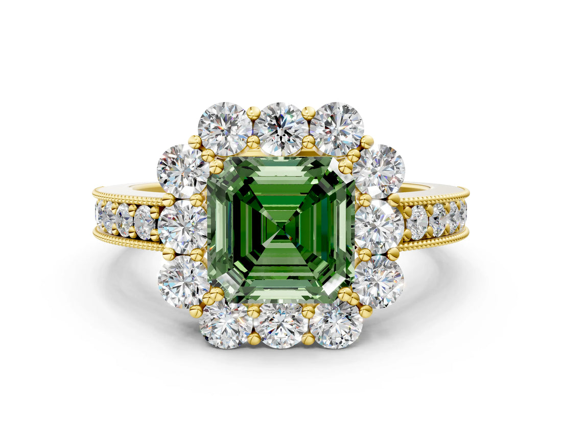 Yellow gold Fancy Green Asscher Cut Cut Halo Diamond Pavé Engagement Ring with Milgrain Detailing