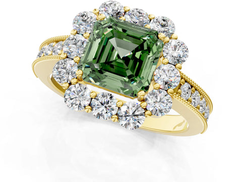 Yellow gold Fancy Green Asscher Cut Cut Halo Diamond Pavé Engagement Ring with Milgrain Detailing_1