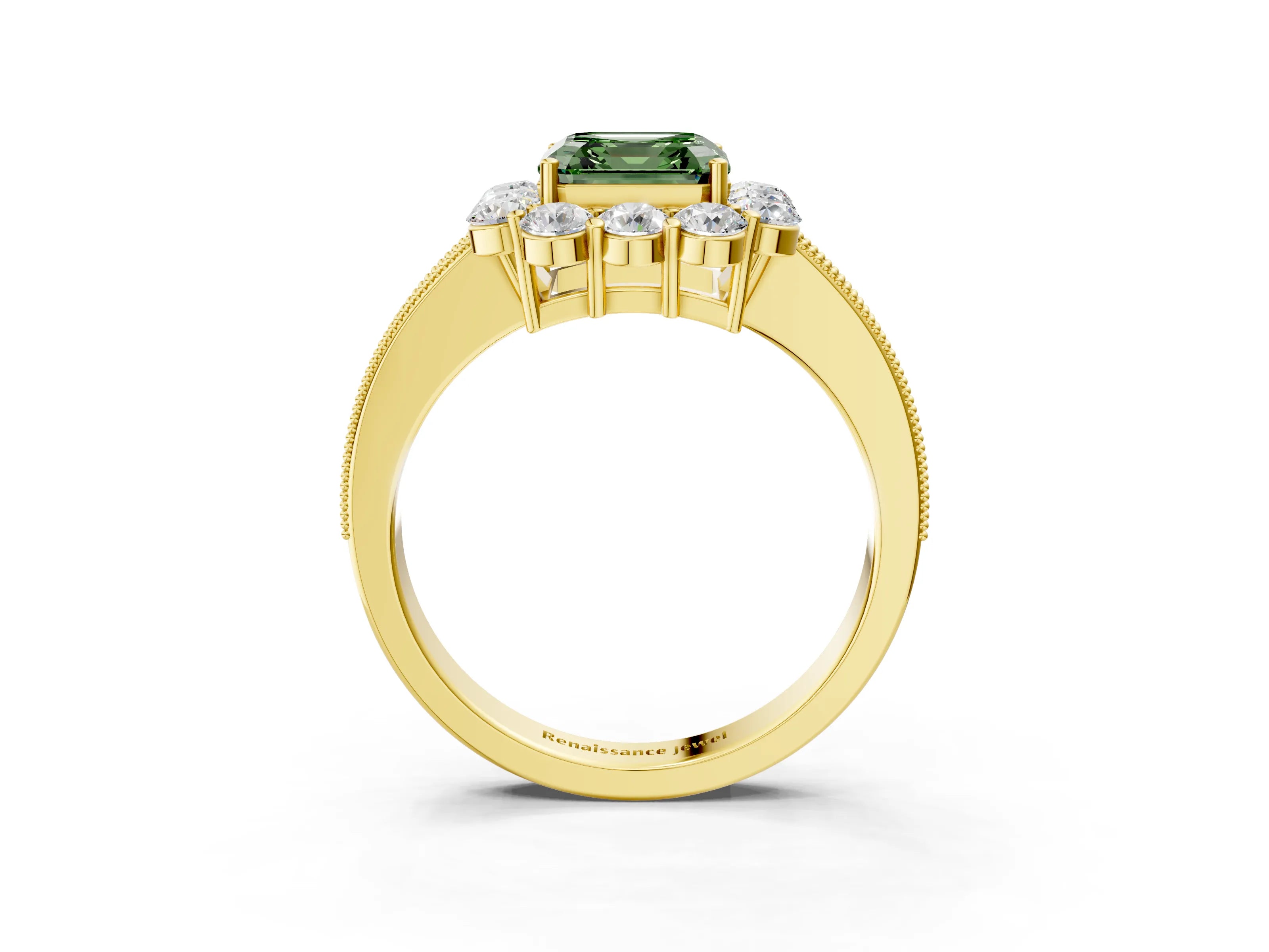 Yellow gold Fancy Green Asscher Cut Cut Halo Diamond Pavé Engagement Ring with Milgrain Detailing_3