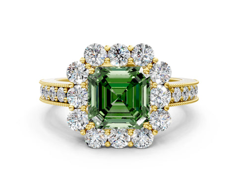 Yellow gold Fancy Green Asscher Cut Cut Halo Diamond Pavé Engagement Ring with Milgrain Detailing
