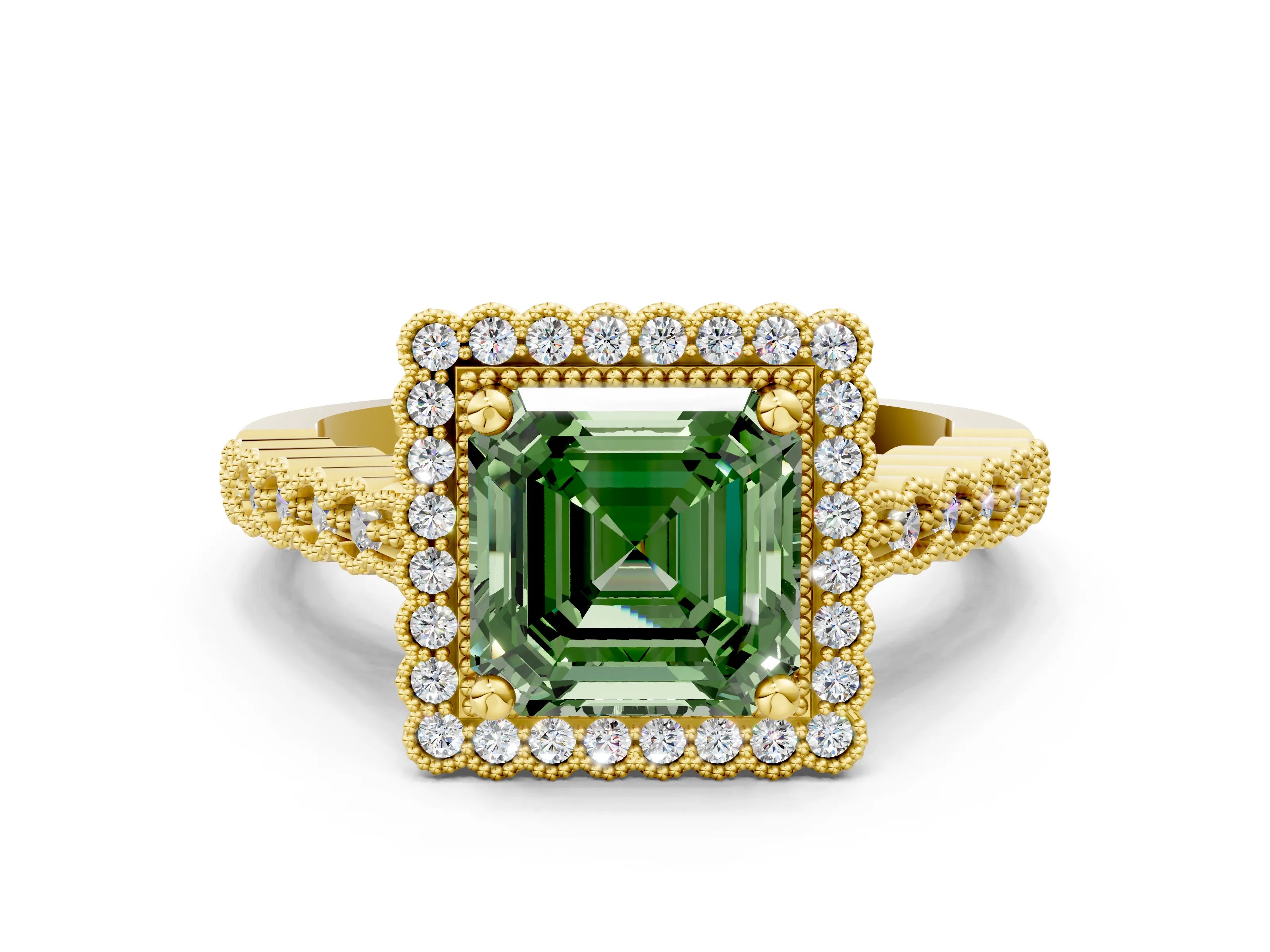 Yellow gold Fancy Green Asscher Cut Cut Halo Pavé Solitaire Ring with Milgrain Band