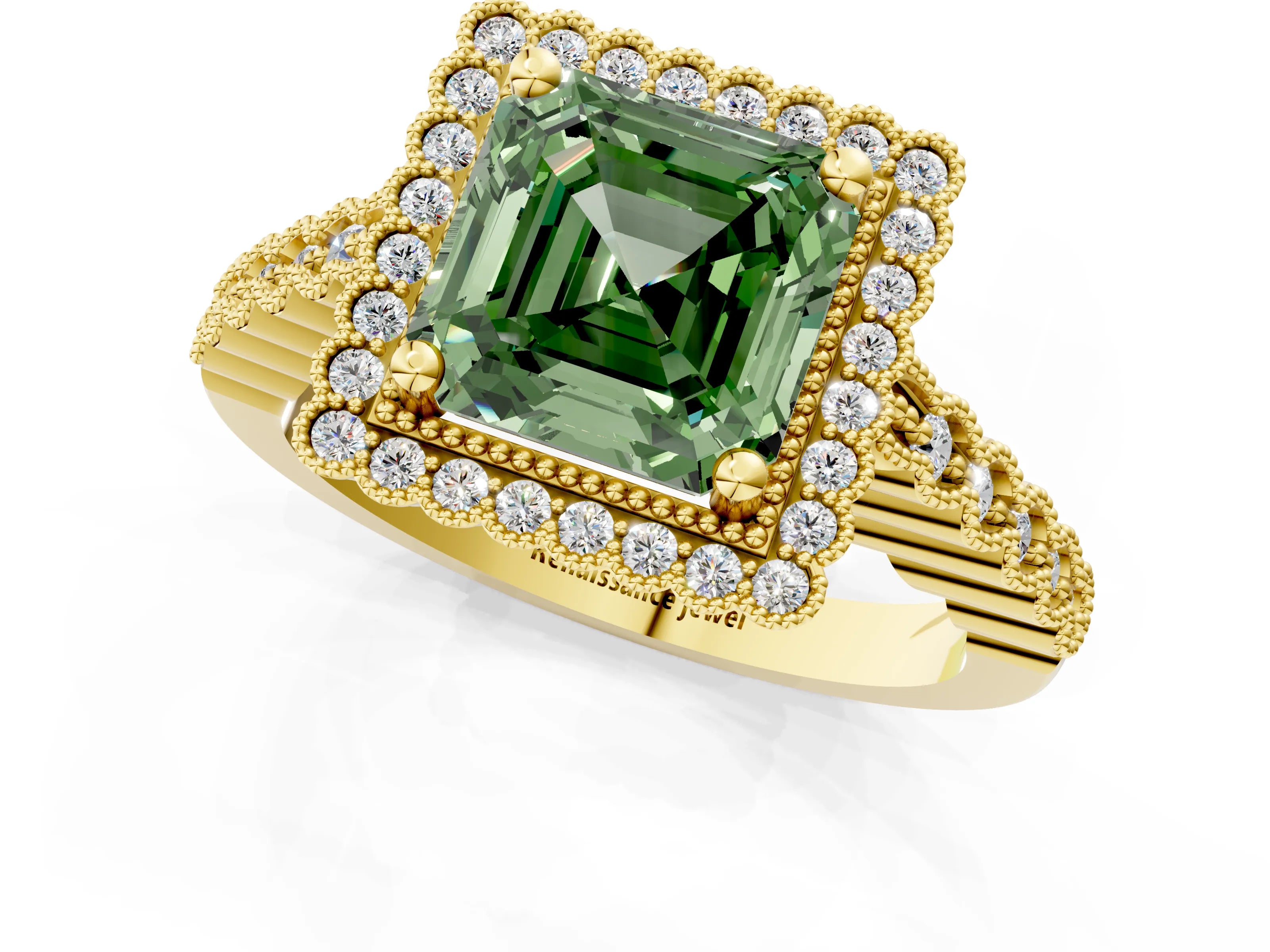 Yellow gold Fancy Green Asscher Cut Cut Halo Pavé Solitaire Ring with Milgrain Band_1