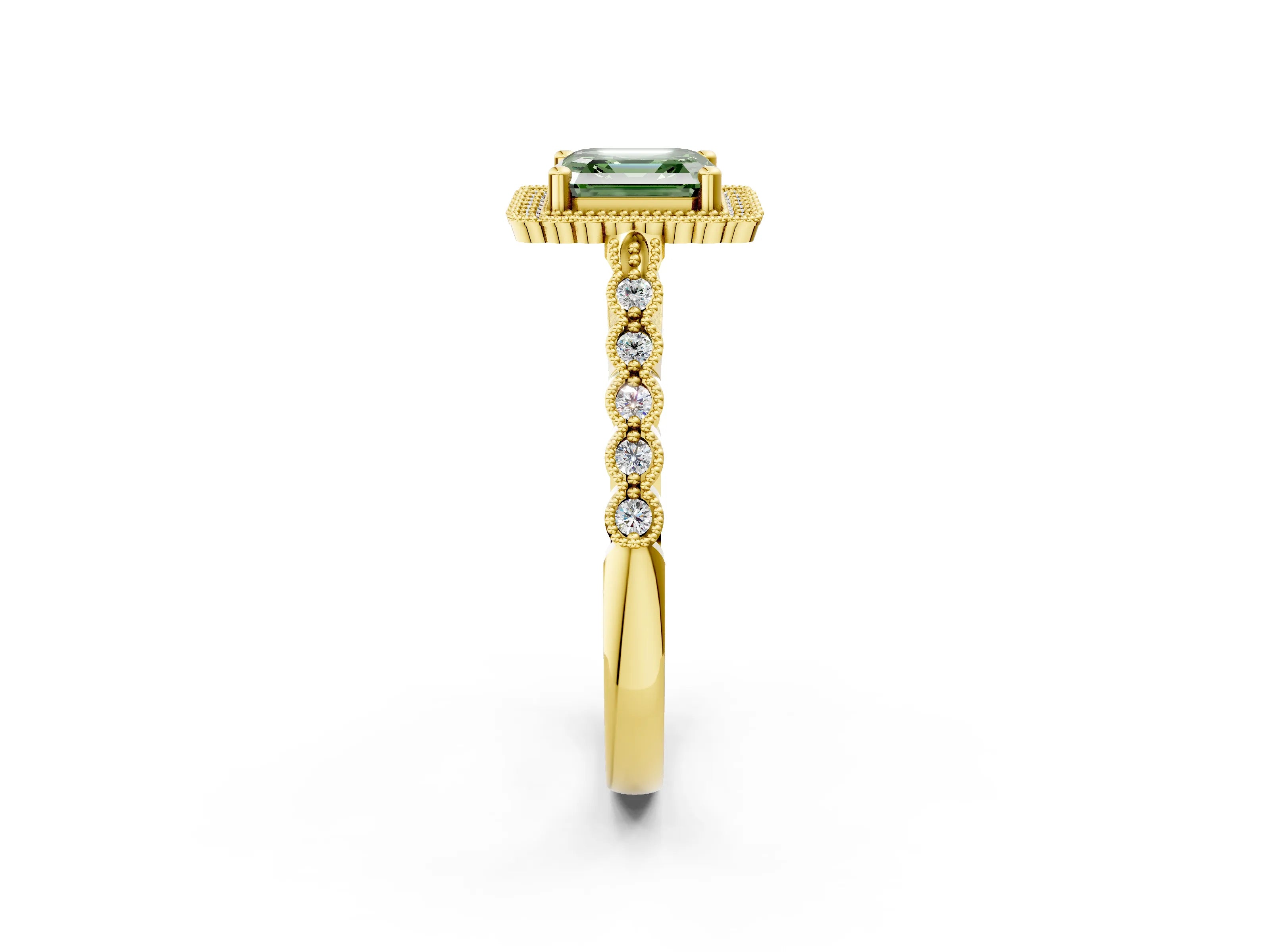 Yellow gold Fancy Green Asscher Cut Cut Halo Pavé Solitaire Ring with Milgrain Band_2