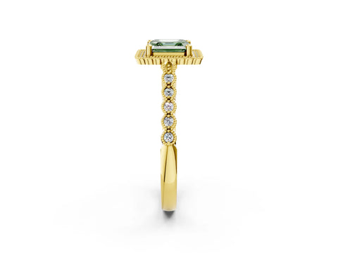 Yellow gold Fancy Green Asscher Cut Cut Halo Pavé Solitaire Ring with Milgrain Band_2