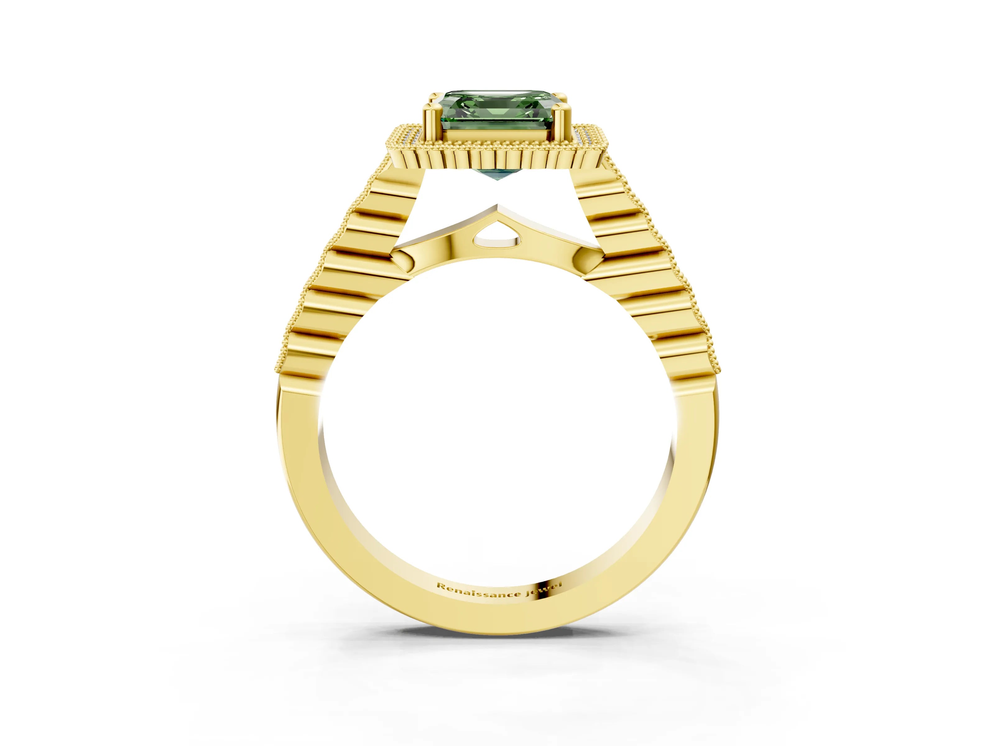 Yellow gold Fancy Green Asscher Cut Cut Halo Pavé Solitaire Ring with Milgrain Band_3