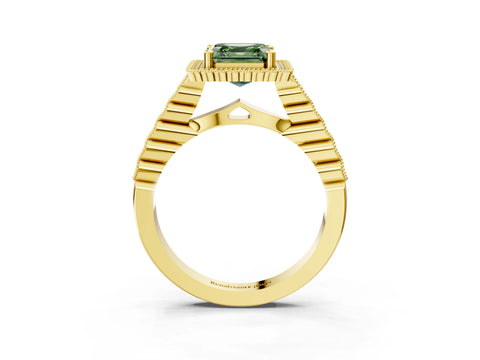 Yellow gold Fancy Green Asscher Cut Cut Halo Pavé Solitaire Ring with Milgrain Band_3