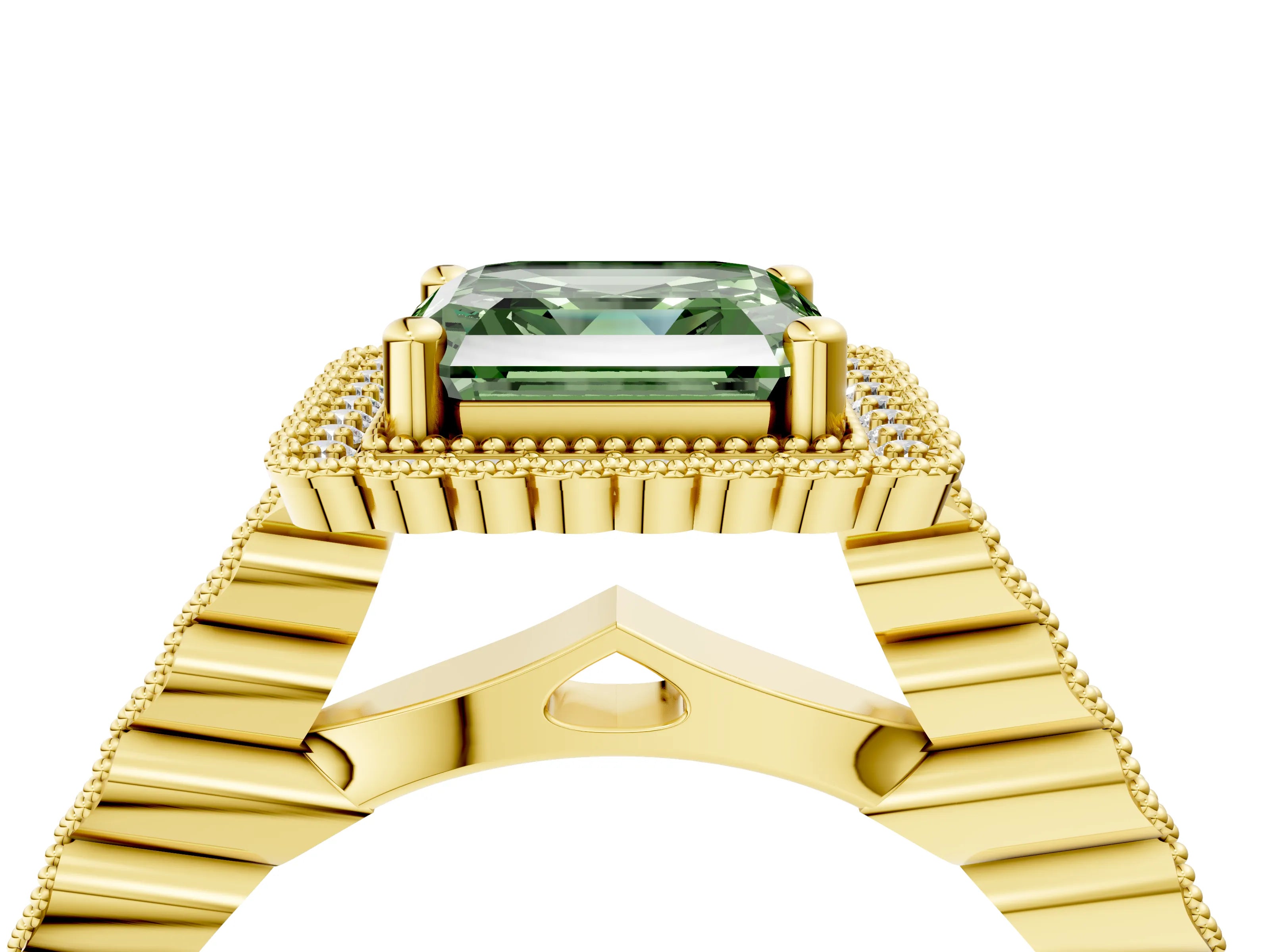 Yellow gold Fancy Green Asscher Cut Cut Halo Pavé Solitaire Ring with Milgrain Band_4