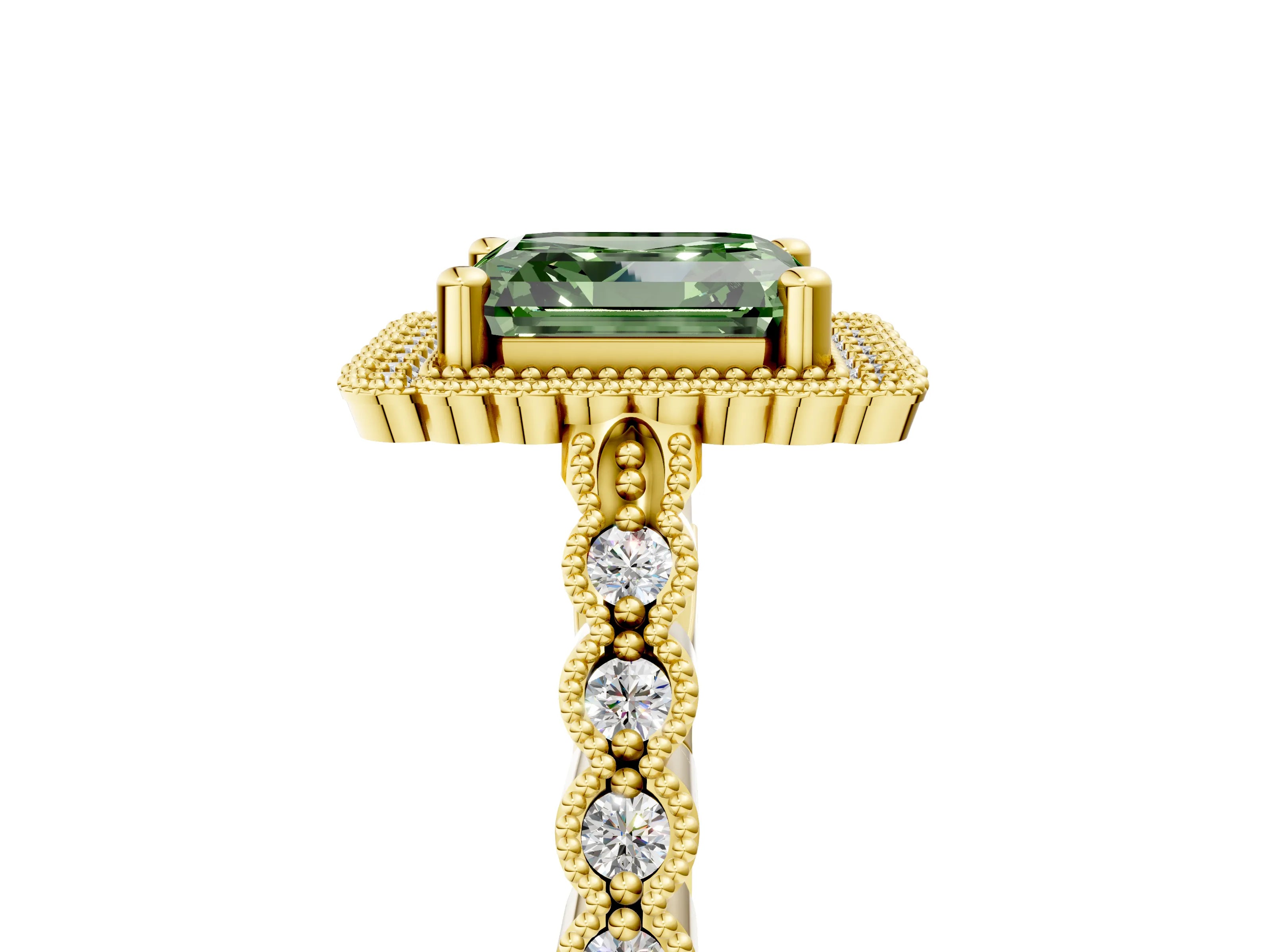 Yellow gold Fancy Green Asscher Cut Cut Halo Pavé Solitaire Ring with Milgrain Band_5