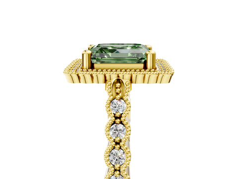 Yellow gold Fancy Green Asscher Cut Cut Halo Pavé Solitaire Ring with Milgrain Band_5