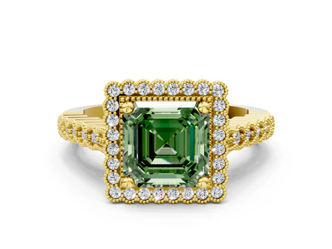 Yellow gold Fancy Green Asscher Cut Cut Halo Pavé Solitaire Ring with Milgrain Band