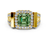 Yellow gold Fancy Green Asscher Cut Cut Halo Split Shank Prong Set Ring