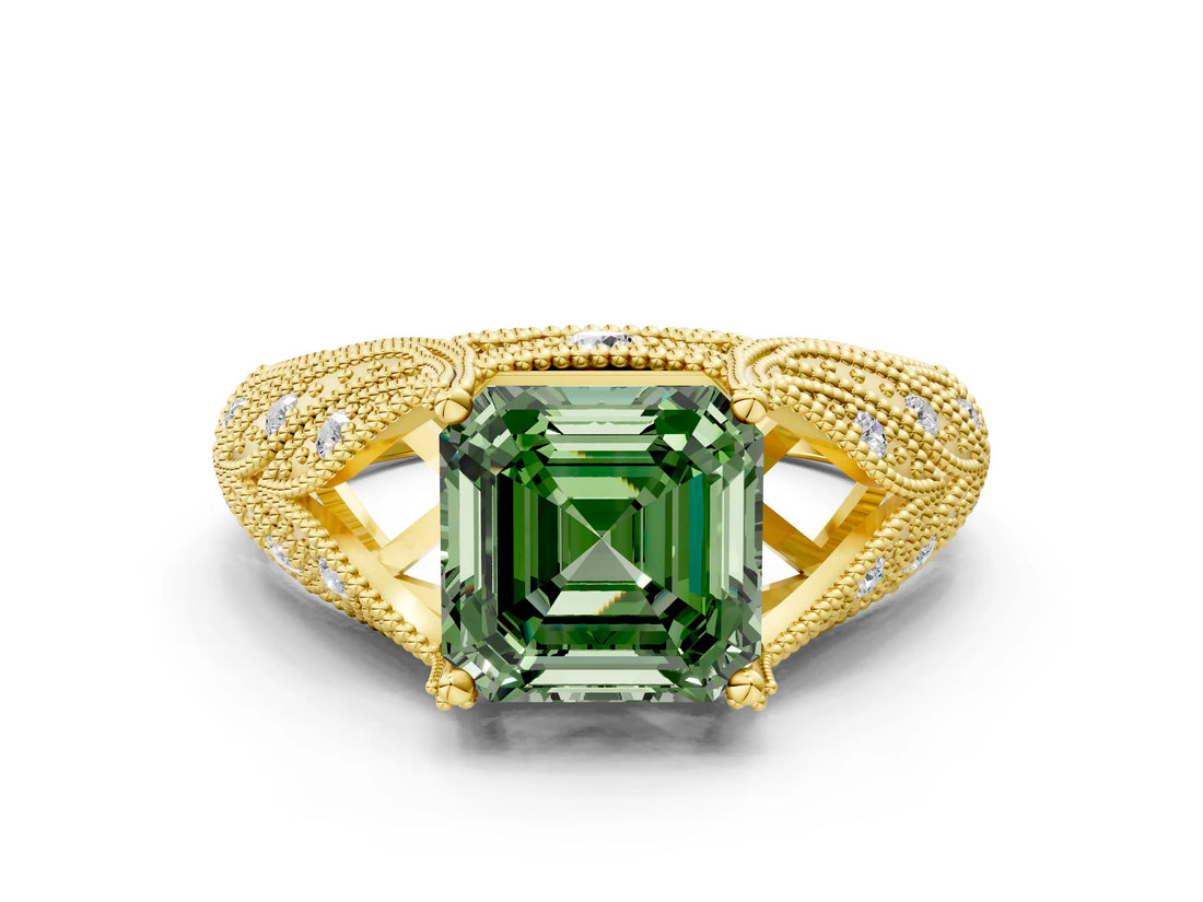 Yellow gold Fancy Green Asscher Cut Cut Milgrain Pave Diamond Engagement Ring with Four-Prong Setting_15