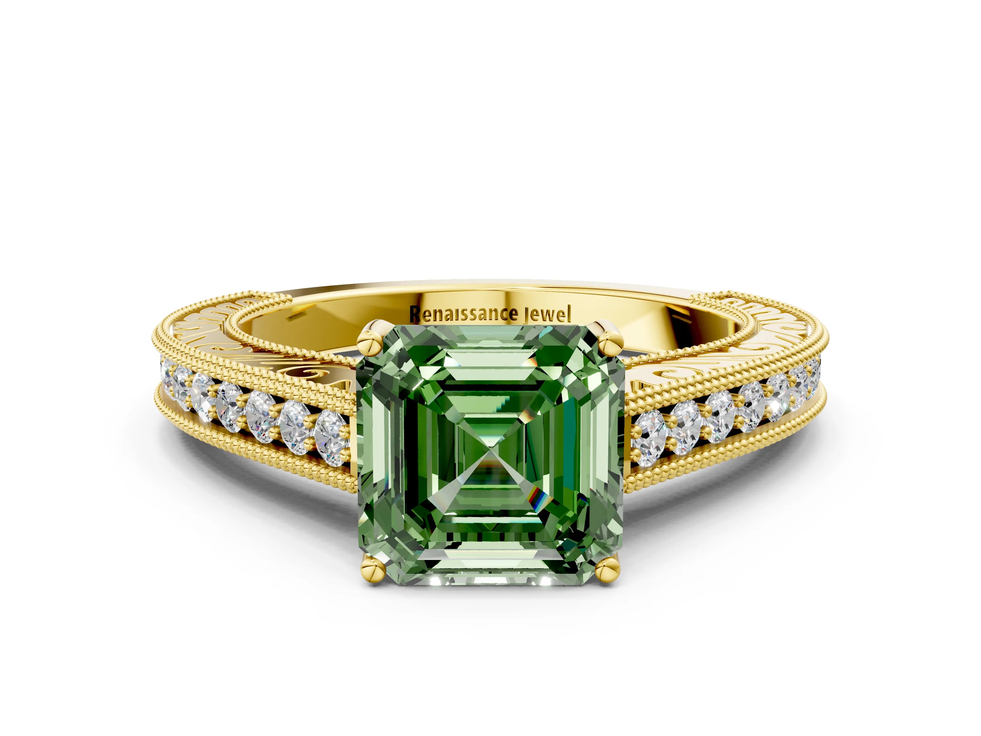 Yellow gold Fancy Green Asscher Cut Cut Pave Band Milgrain Solitaire Ring