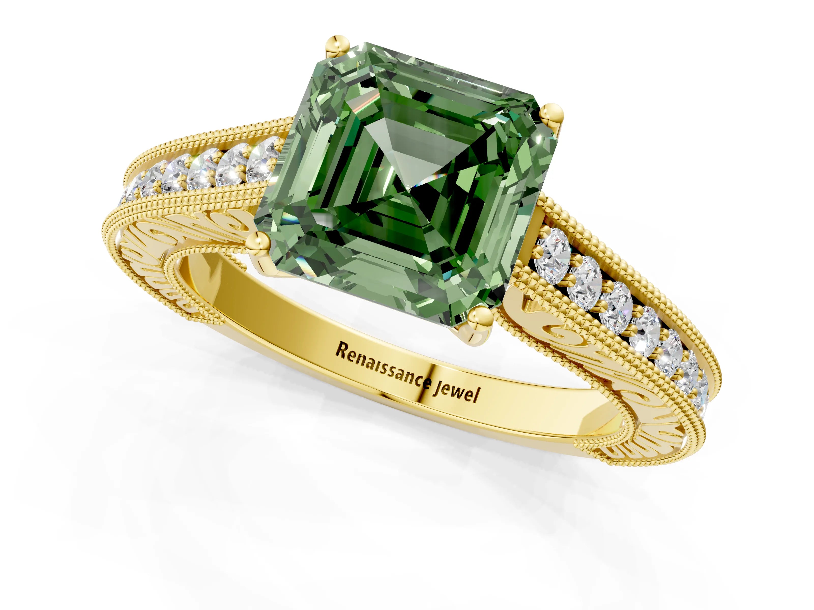 Yellow gold Fancy Green Asscher Cut Cut Pave Band Milgrain Solitaire Ring_1