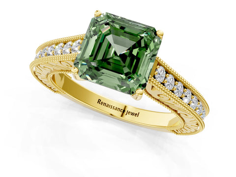 Yellow gold Fancy Green Asscher Cut Cut Pave Band Milgrain Solitaire Ring_1