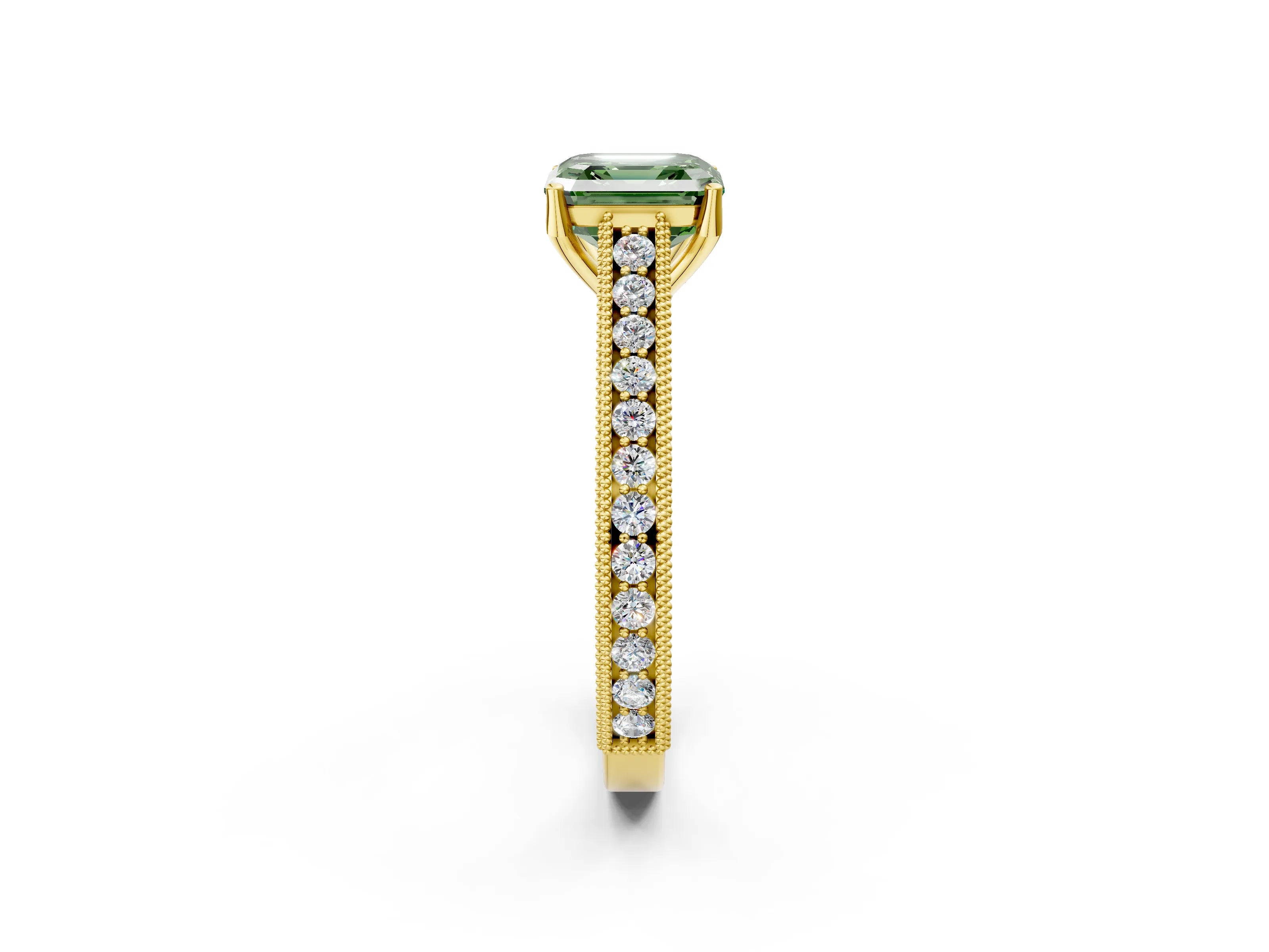 Yellow gold Fancy Green Asscher Cut Cut Pave Band Milgrain Solitaire Ring_2