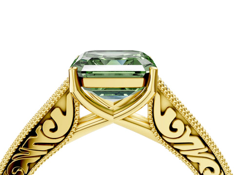 Yellow gold Fancy Green Asscher Cut Cut Pave Band Milgrain Solitaire Ring_4