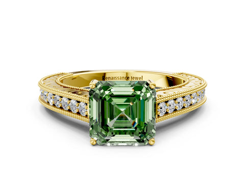 Yellow gold Fancy Green Asscher Cut Cut Pave Band Milgrain Solitaire Ring
