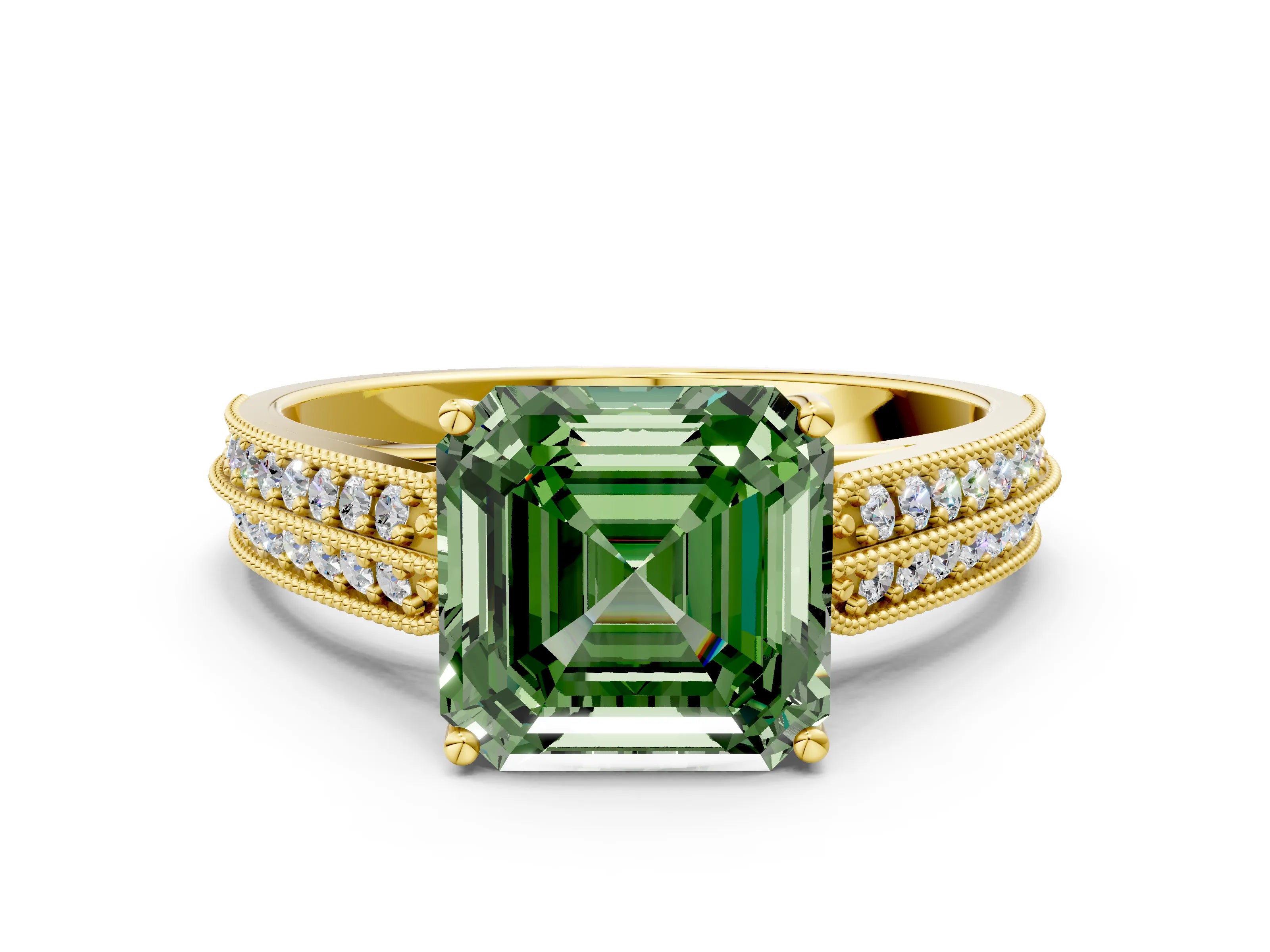 Yellow gold Fancy Green Asscher Cut Cut Pave Split Shank Engagement Ring with Four-Prong Setting