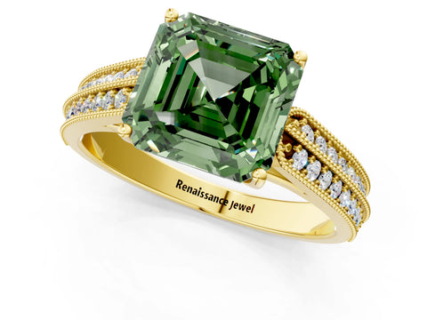 Yellow gold Fancy Green Asscher Cut Cut Pave Split Shank Engagement Ring with Four-Prong Setting_1