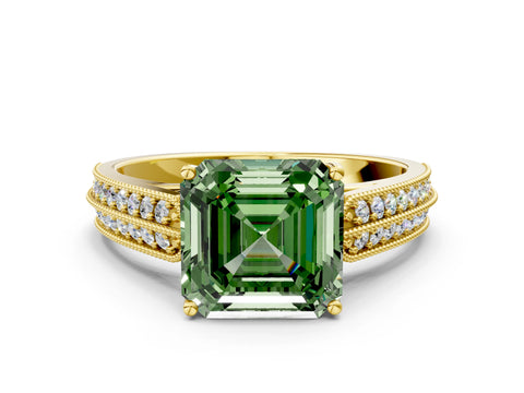 Yellow gold Fancy Green Asscher Cut Cut Pave Split Shank Engagement Ring with Four-Prong Setting