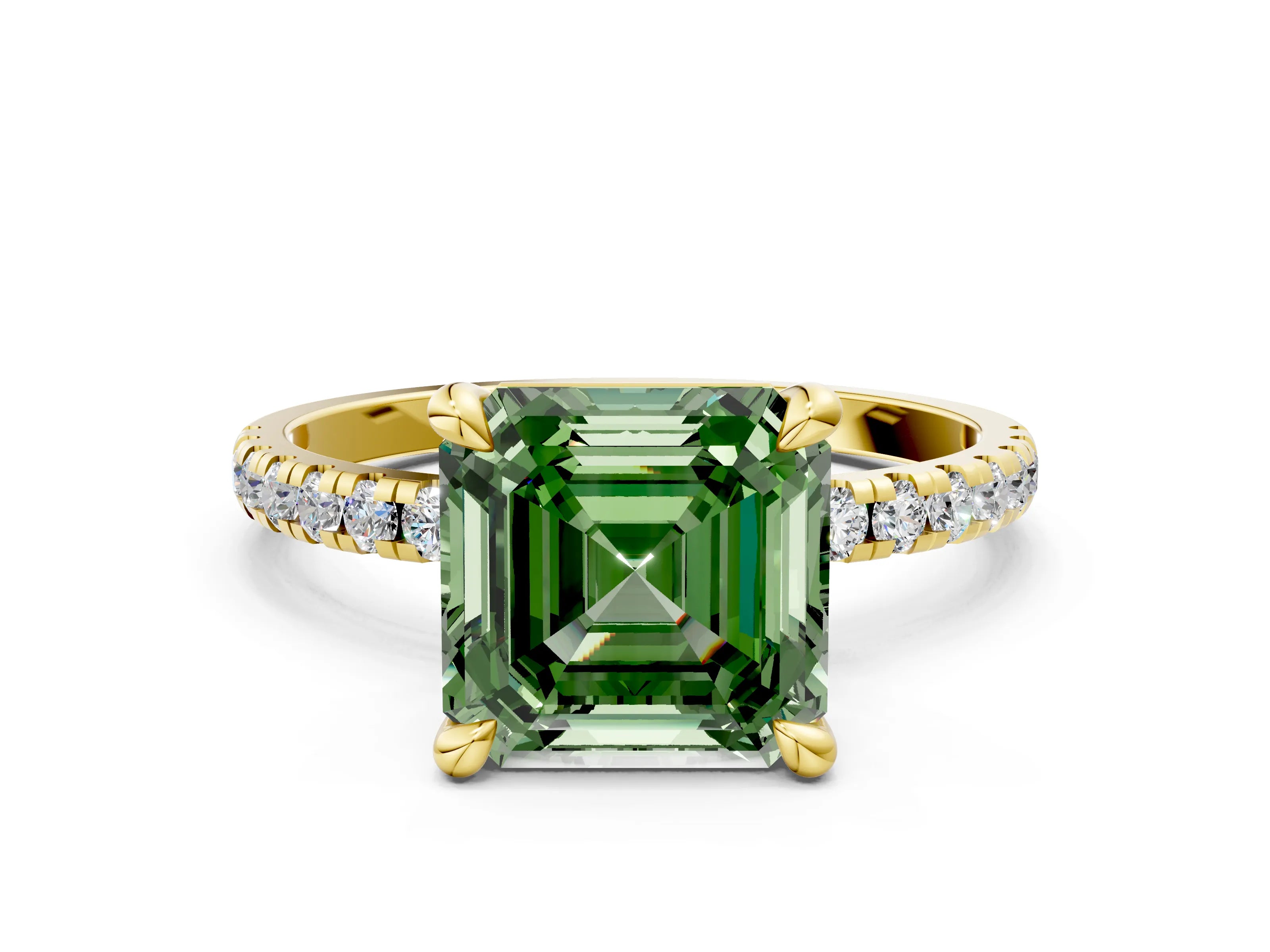 Yellow gold Fancy Green Asscher Cut Diamond Brilliant Solitaire Ring with Pavé Band and Four-Prong Setting
