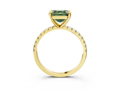 Yellow gold Fancy Green Asscher Cut Diamond Brilliant Solitaire Ring with Pavé Band and Four-Prong Setting_3