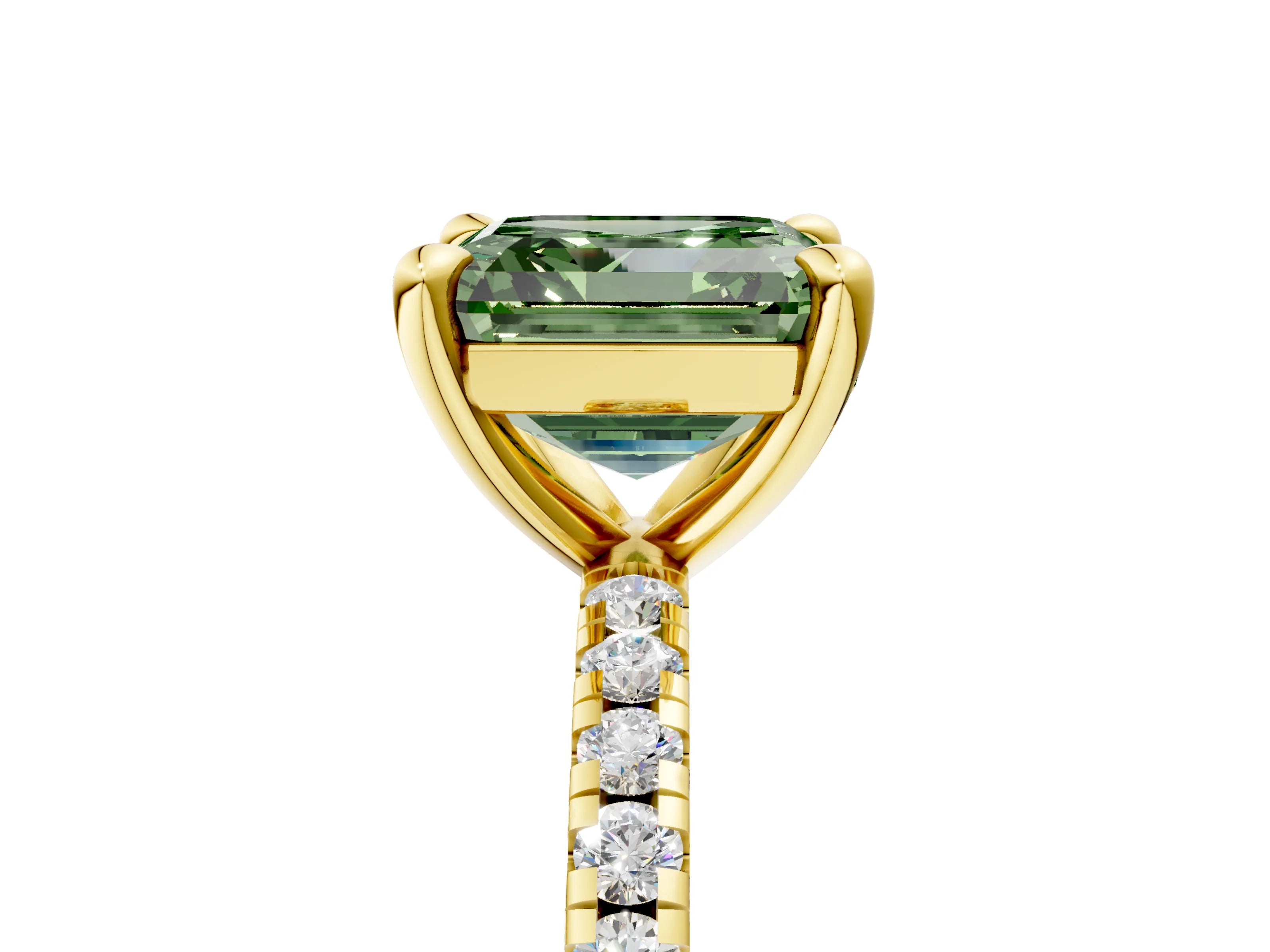 Yellow gold Fancy Green Asscher Cut Diamond Brilliant Solitaire Ring with Pavé Band and Four-Prong Setting_5