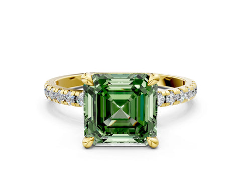 Yellow gold Fancy Green Asscher Cut Diamond Brilliant Solitaire Ring with Pavé Band and Four-Prong Setting