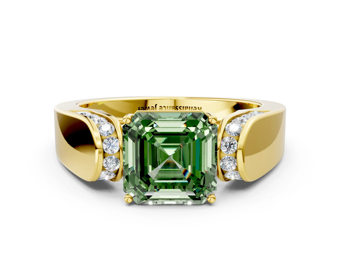 Yellow gold Fancy Green Asscher Cut Diamond Channel Set Solitaire Ring with Four-Prong Setting_12
