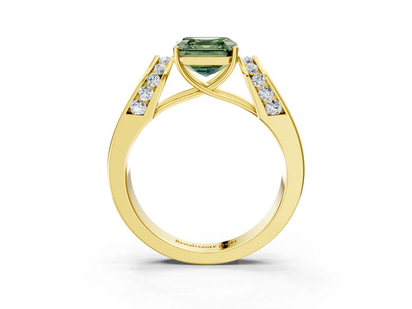 Yellow Gold Asscher Cut Channel Set Engagement Ring Setting for Fancy Green Center with Wide Band
