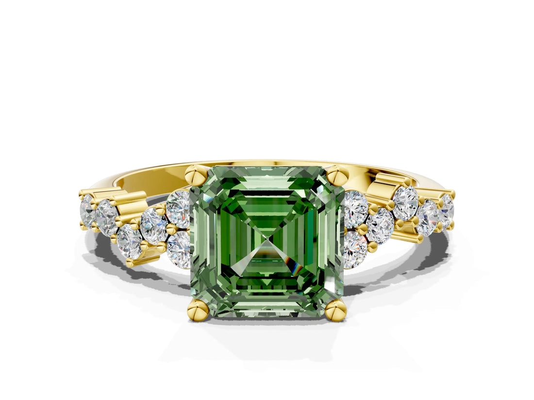 Yellow gold Fancy Green Asscher Cut Diamond Cluster Pavé Band with Four-Prong Setting_3