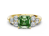 Yellow gold Fancy Green Asscher  Cut Diamond Cluster Ring with Round Accent Stones and Prong Setting on a Classic Band_29