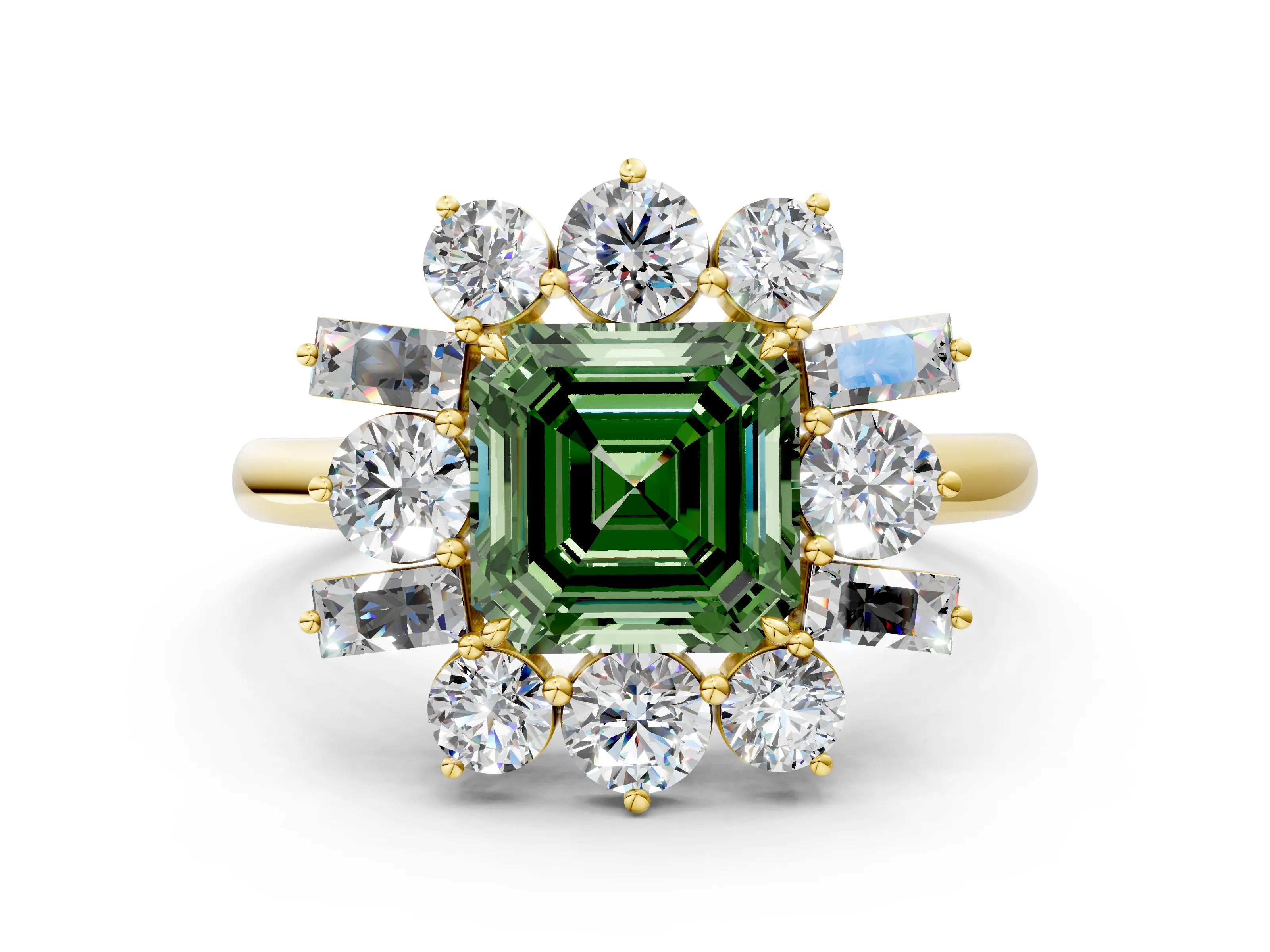 Yellow gold Fancy Green Asscher Cut Diamond Cluster Ring with Round and Baguette Stones, Split Shank Band, Prong Setting